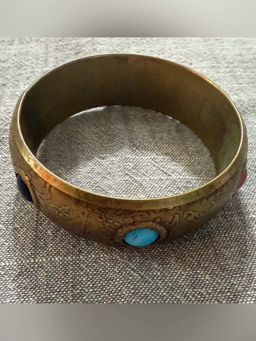 Vintage Brass Accent Bangle with Turquoise Inlay - Gold Finish